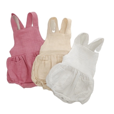 Summer Cotton Muslin Baby Clothes Sleeveless Romper Strap Pants With Pocket Solid Baby Bodysuit