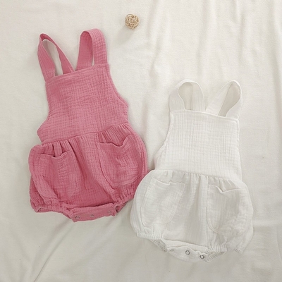 Summer Cotton Muslin Baby Clothes Sleeveless Romper Strap Pants With Pocket Solid Baby Bodysuit