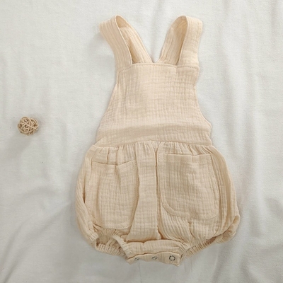 Summer Cotton Muslin Baby Clothes Sleeveless Romper Strap Pants With Pocket Solid Baby Bodysuit