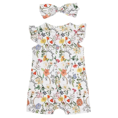 2pcs Sets Baby Cute Casual Summer Breathable Allover Flower Printed Falbala Sleeve Baby Jumpsuit