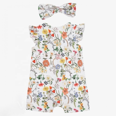 2pcs Sets Baby Cute Casual Summer Breathable Allover Flower Printed Falbala Sleeve Baby Jumpsuit
