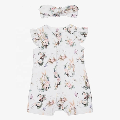 2pcs Sets Baby Cute Casual Summer Breathable Allover Flower Printed Falbala Sleeve Baby Jumpsuit