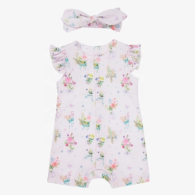 2pcs Sets Baby Cute Casual Summer Breathable Allover Flower Printed Falbala Sleeve Baby Jumpsuit
