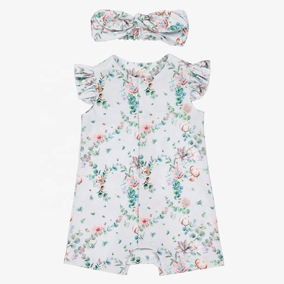 2pcs Sets Baby Cute Casual Summer Breathable Allover Flower Printed Falbala Sleeve Baby Jumpsuit