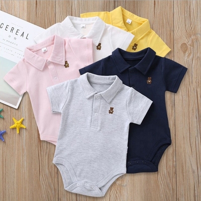 Custom LOGO Color Cute baby Short Sleeve Short romper Lapel Neck litter bear logo print polo baby bodysuit with Snap But