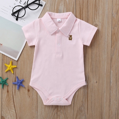 Custom LOGO Color Cute baby Short Sleeve Short romper Lapel Neck litter bear logo print polo baby bodysuit with Snap But
