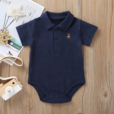 Custom LOGO Color Cute baby Short Sleeve Short romper Lapel Neck litter bear logo print polo baby bodysuit with Snap But