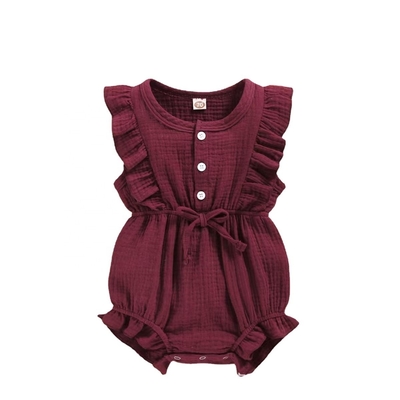 In Stock Summer Baby Girls Romper + Headband Cotton Linen Ruffles Sleeveless Infant Rompers Newborn Clothes
