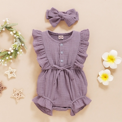 In Stock Summer Baby Girls Romper + Headband Cotton Linen Ruffles Sleeveless Infant Rompers Newborn Clothes