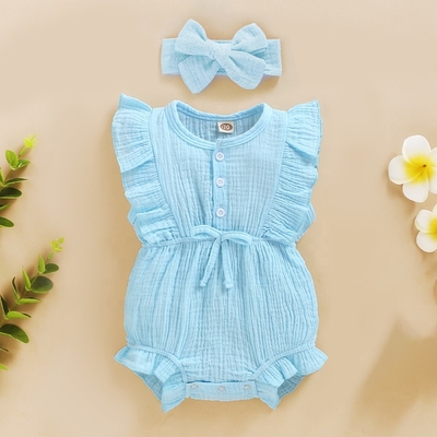 In Stock Summer Baby Girls Romper + Headband Cotton Linen Ruffles Sleeveless Infant Rompers Newborn Clothes