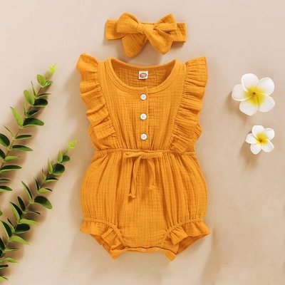 In Stock Summer Baby Girls Romper + Headband Cotton Linen Ruffles Sleeveless Infant Rompers Newborn Clothes