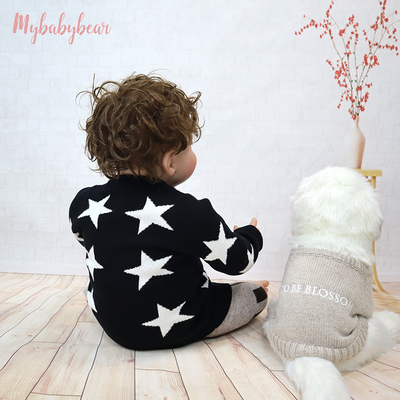 Stars Pattern Jacquard Autumn Winter Organic Cotton Toddler Boy Girl Designer Knitted Baby Cardigan Sweater