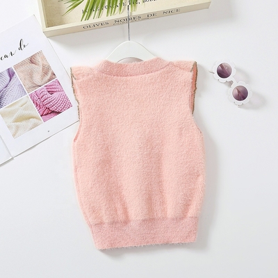 Knitting  Ruffles Patterns Children Sleeveless Sweater Wholesale Baby Girls Feather Yarn Sweater Vest