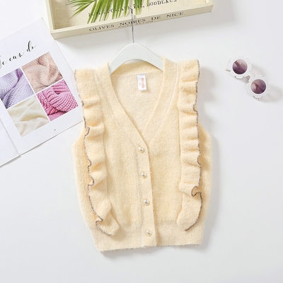 Knitting  Ruffles Patterns Children Sleeveless Sweater Wholesale Baby Girls Feather Yarn Sweater Vest