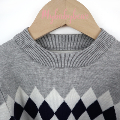 Custom Knitted Cotton Yarn diamond pattern Baby Boy Winter Wear Pullover and Sweater for Kids