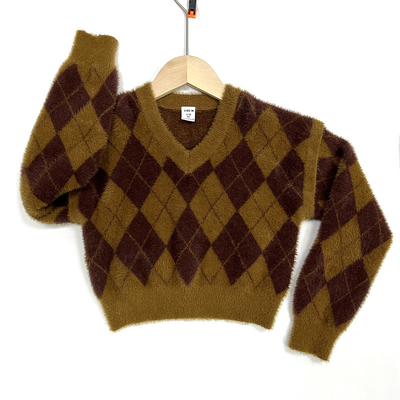 Children's Jacquard Pattern Kid Knitted baby Girls and Boys Lantern Puff sleeve pullover Furry Sweater