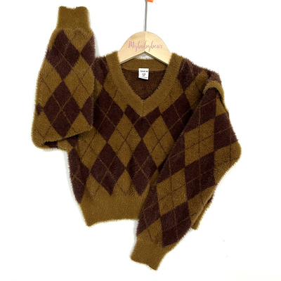Children's Jacquard Pattern Kid Knitted baby Girls and Boys Lantern Puff sleeve pullover Furry Sweater