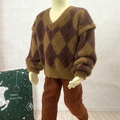Children's Jacquard Pattern Kid Knitted baby Girls and Boys Lantern Puff sleeve pullover Furry Sweater