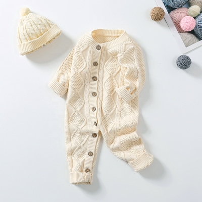 Custom Baby Winter Bodysuit 100% cotton Cable Knitted New Born Baby Rompers Sweaters Sets With Hats