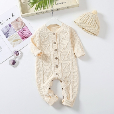 Custom Baby Winter Bodysuit 100% cotton Cable Knitted New Born Baby Rompers Sweaters Sets With Hats