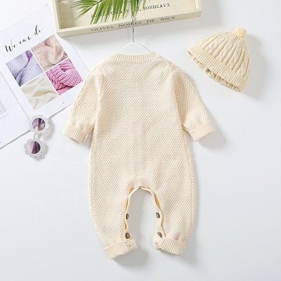 Custom Baby Winter Bodysuit 100% cotton Cable Knitted New Born Baby Rompers Sweaters Sets With Hats