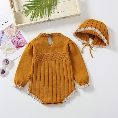 Comfortable baby good quality soft knit sweater long sleeve baby girl bodysuit with hat plain jumpsuit baby romper