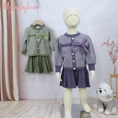 New Style Kids Children Winter Clothing Set Knitting Cardigan Skirt Baby Girl Winter False Cardigan Sweater With Bow