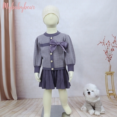New Style Kids Children Winter Clothing Set Knitting Cardigan Skirt Baby Girl Winter False Cardigan Sweater With Bow
