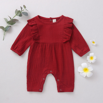 hot sale beige flutter sleeve muslin cute baby girls romper baby clothes