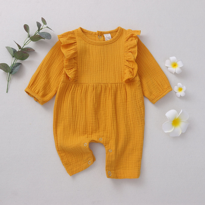 hot sale beige flutter sleeve muslin cute baby girls romper baby clothes