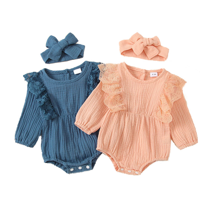 Wholesale baby summer Lace Ruffled muslin Buttons baby bodysuit with headwrap set