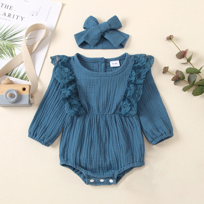 Wholesale baby summer Lace Ruffled muslin Buttons baby bodysuit with headwrap set