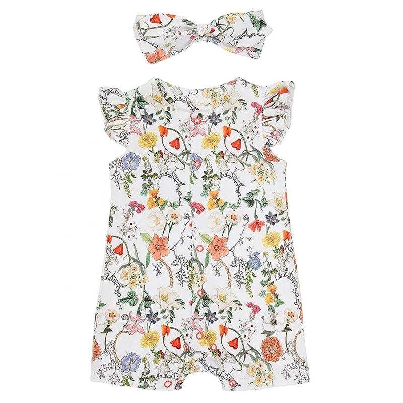 2pcs Sets Baby Cute Casual Summer Breathable Allover Flower Printed Falbala Sleeve Baby Jumpsuit