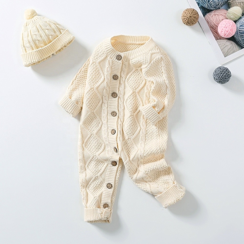 Custom Baby Winter Bodysuit 100% cotton Cable Knitted New Born Baby Rompers Sweaters Sets With Hats