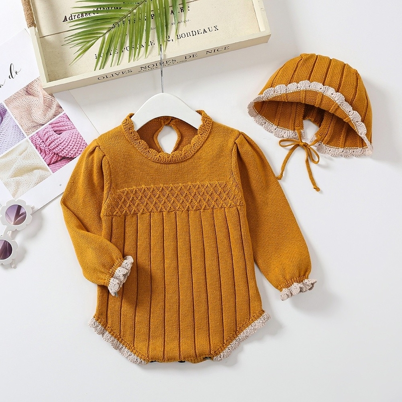 Comfortable baby good quality soft knit sweater long sleeve baby girl bodysuit with hat plain jumpsuit baby romper