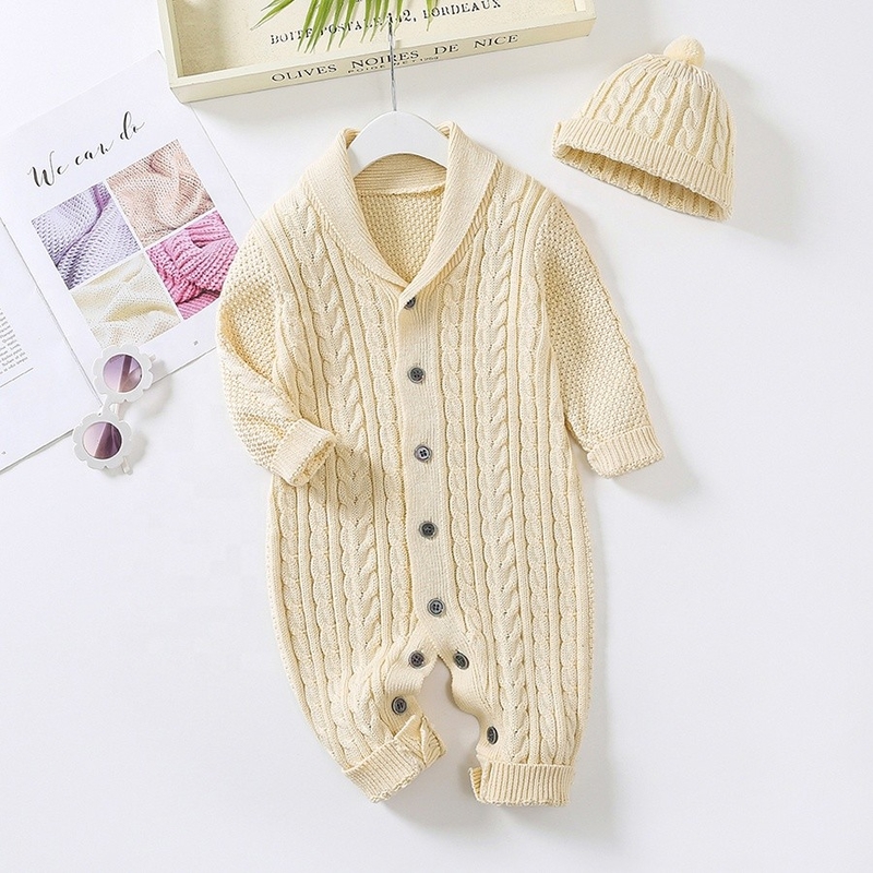Winter Long sleeve Hat & Onesie set Newborn Boys Toddler Girls Organic Cotton Kids Infant Baby Knitted Sweater Romper