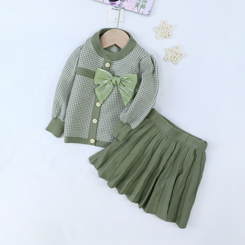 New Style Kids Children Winter Clothing Set Knitting Cardigan Skirt Baby Girl Winter False Cardigan Sweater With Bow